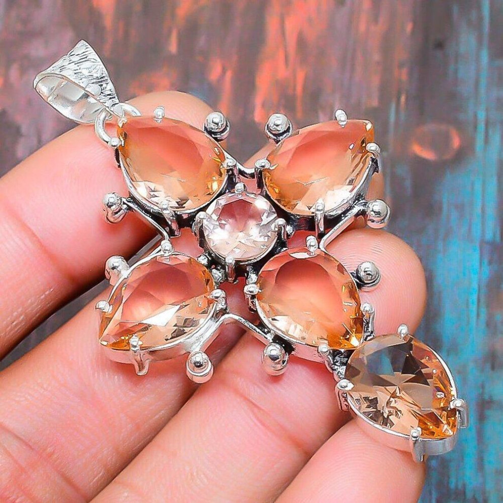 (orange, 2.48 inches) Wonderful Cross Morganite Gemstone 925 Sterling Silver Handmade Wedding Jewelry Pendant