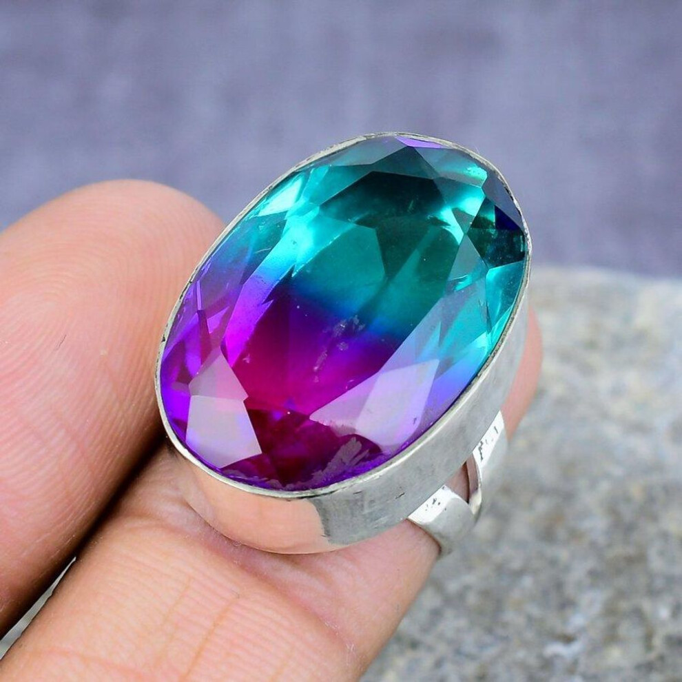(pink, 6.5) Bi-color Tourmaline Gemstone Handmade 925 Sterling Silver Ring Wedding Jewelry All Size