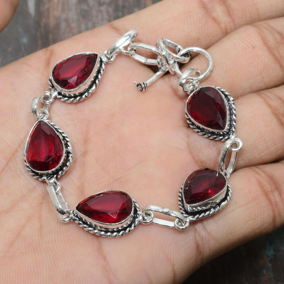 (red, 7-8 Inches) Mozambique Garnet Gemstone Solid 925 Sterling Silver Handmade Amazing Bracelet