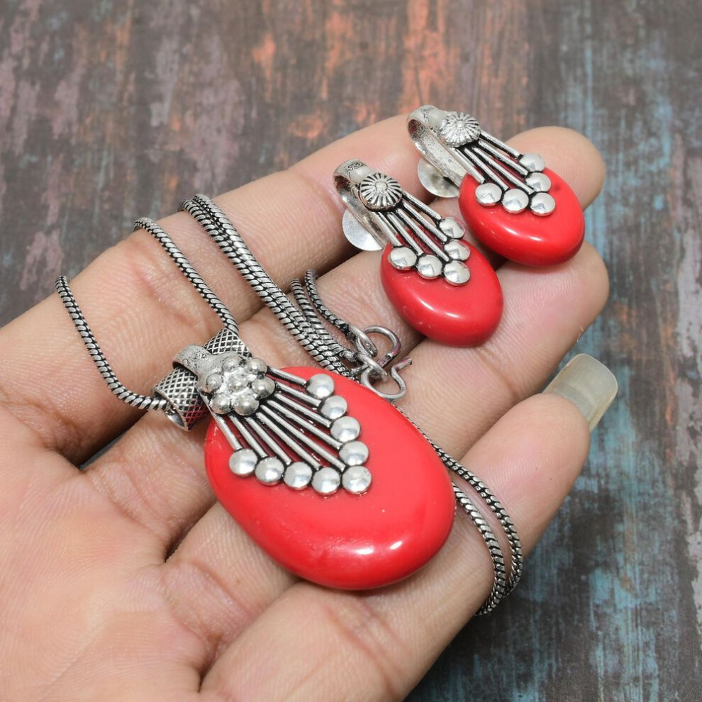 (red) Lovely Italian Red Coral Gemstone 925 Sterling Silver Handmade Necklace+earring Jewelry Set