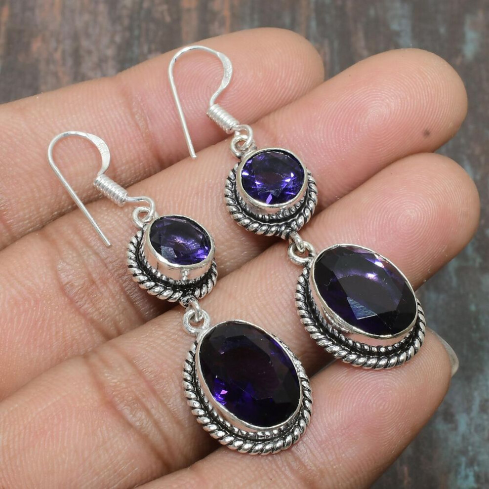 (purple, 1.97 Inches) Amethyst Gemstone Handmade 925 Sterling Silver Jewelry Earring For Her