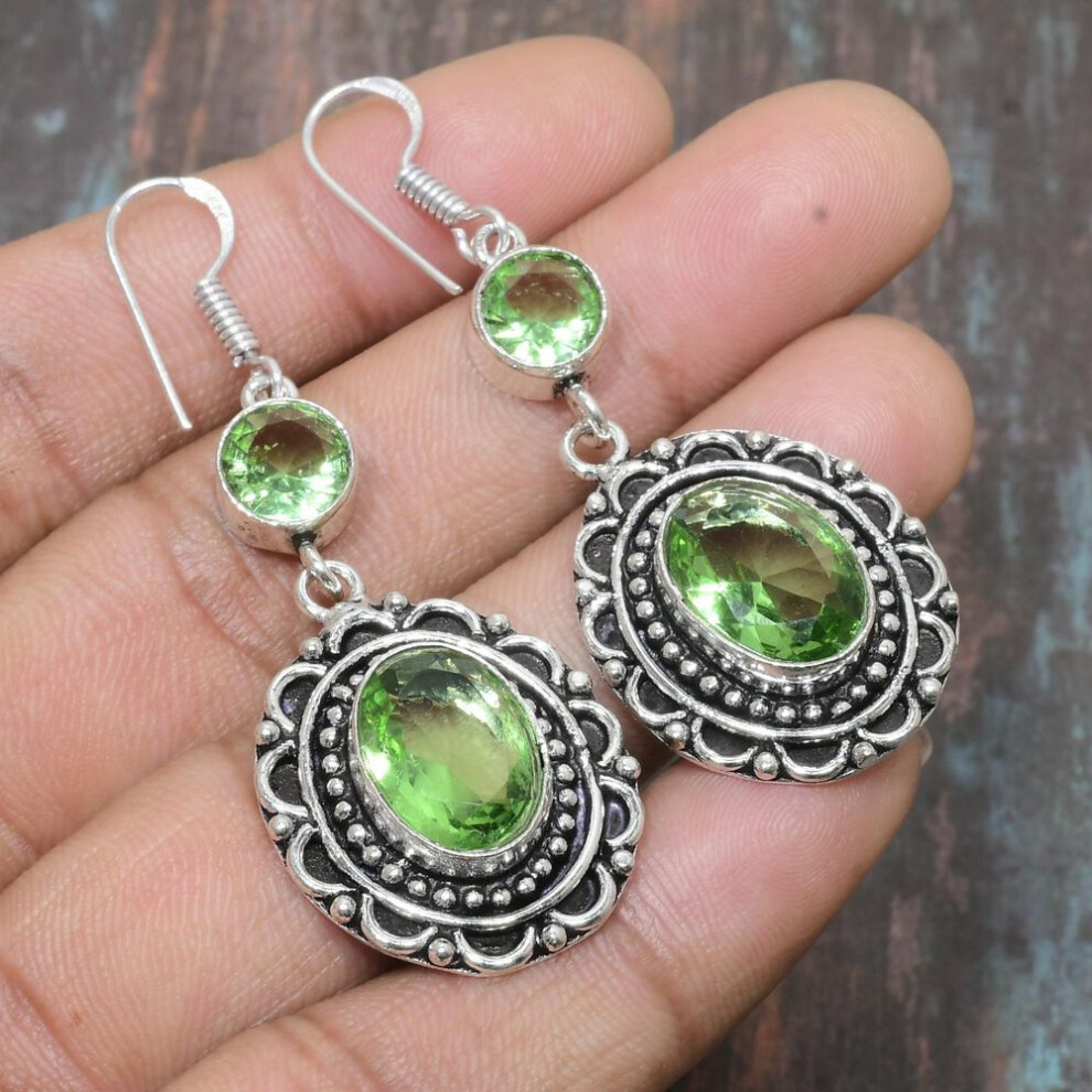 (green, 2.36 Inches) Tsavorite Gemstone Handmade Solid 925 Sterling Silver Jewelry Earring For Thanksgiving