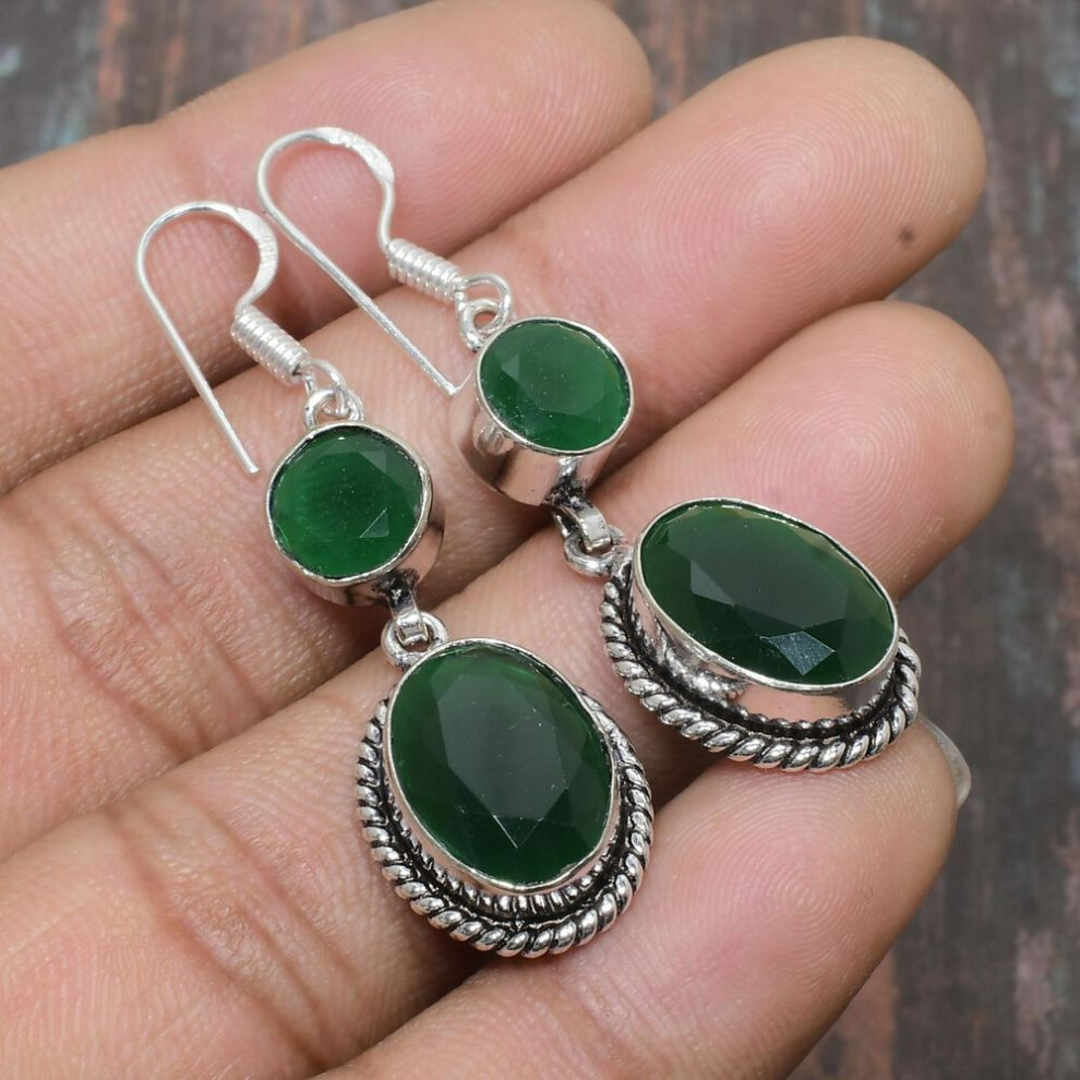 (green, 1.97 Inches) Lovely Emerald(simulated) Gemstone Handmade 925 Sterling Silver Jewelry Earring
