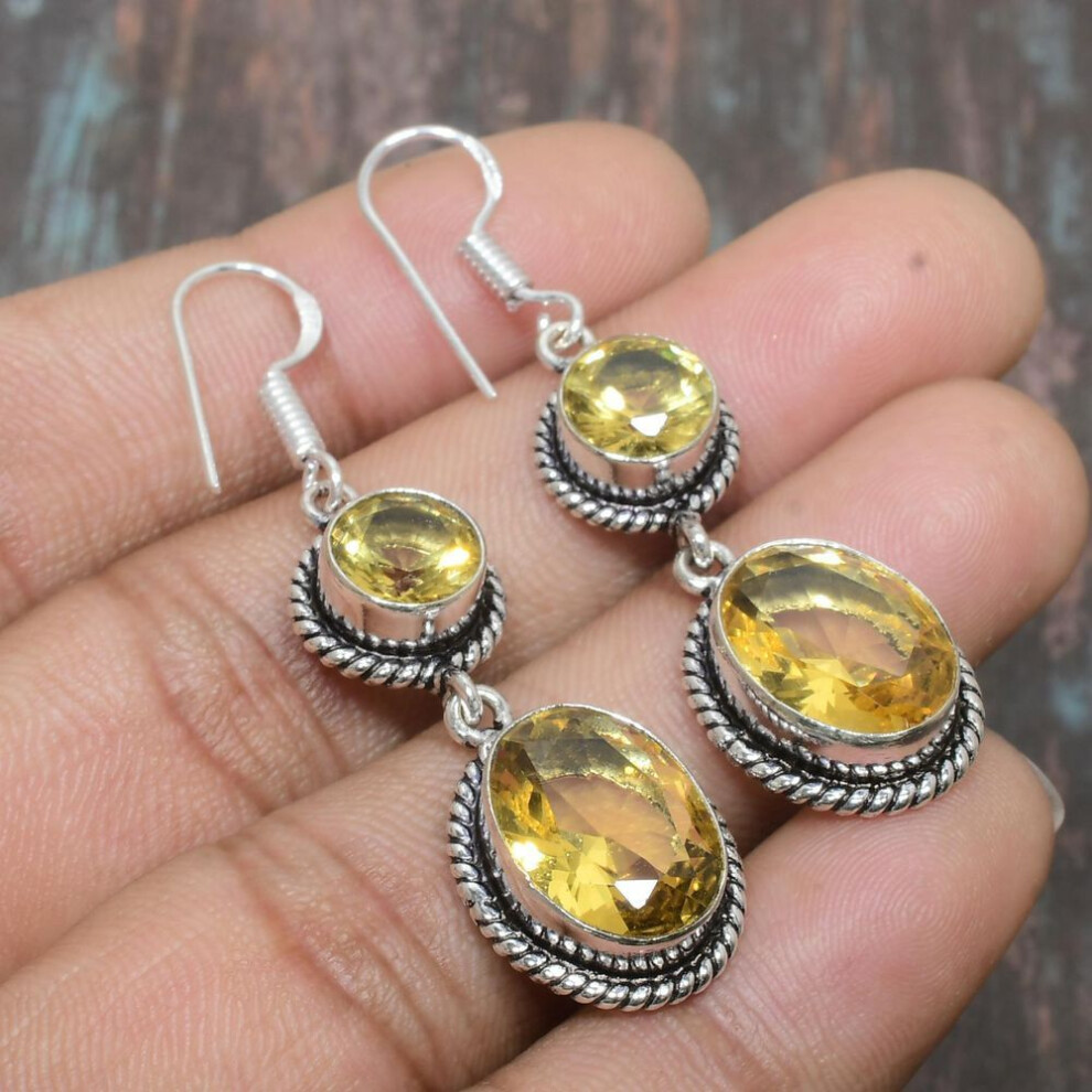 (yellow, 1.97 Inches) Citrine Gemstone Handmade Solid 925 Sterling Silver Jewelry Earring For Thanksgiving