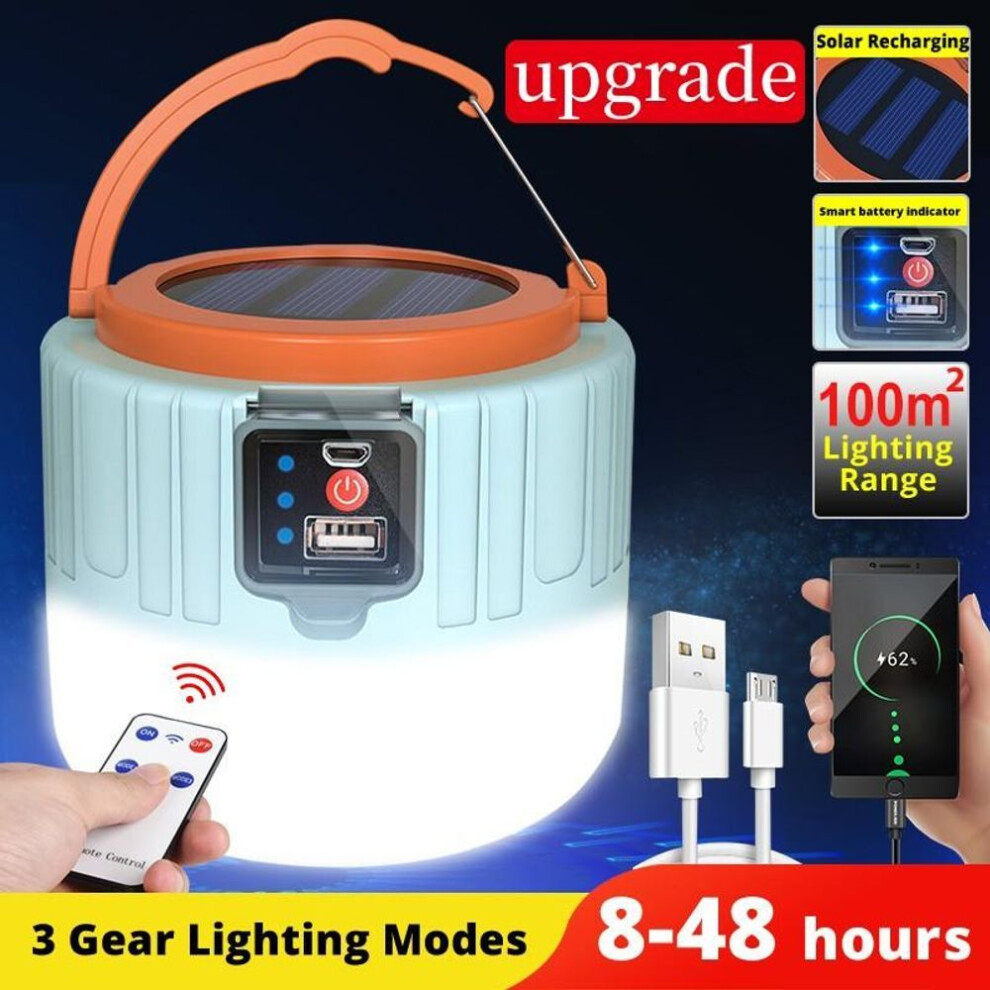 (upgrade Solar white) Solar Led Camping Light Remote Control Tent Lamp Usb Rechargeable Bulb Portable Lanterns Emergency Lights For Outdoor Hiking Bbq Emergency Power Bank