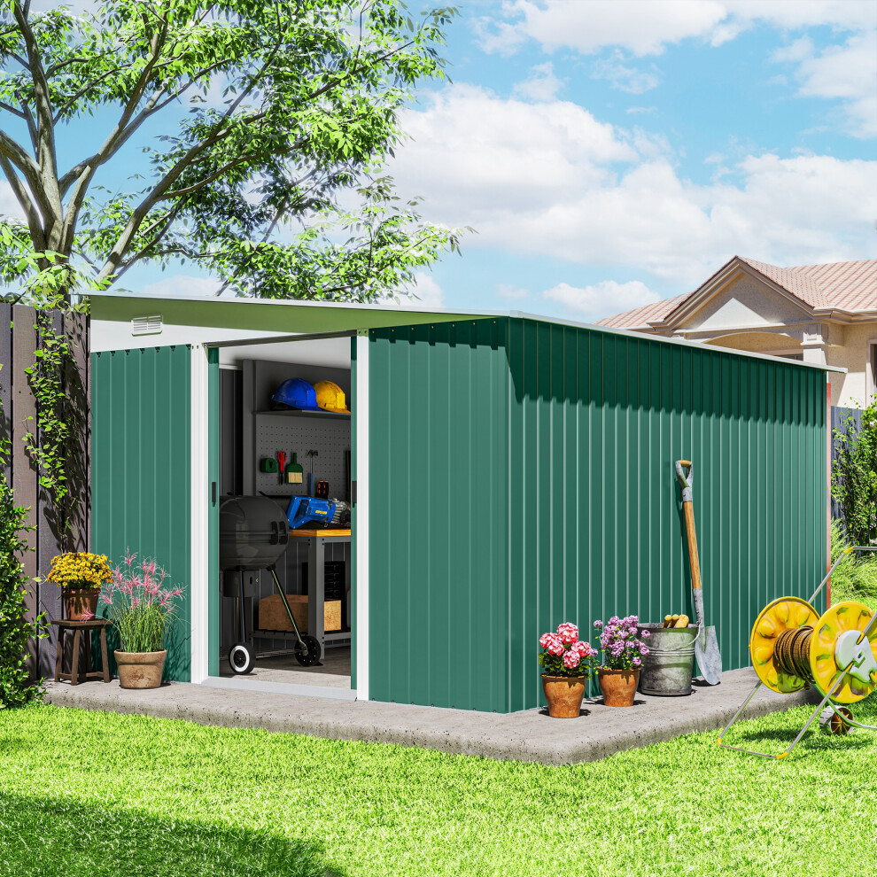 Outsunny 11.3X9.2ft Steel Garden Storage Shed W/ Sliding Doors & 2 Vents, Green