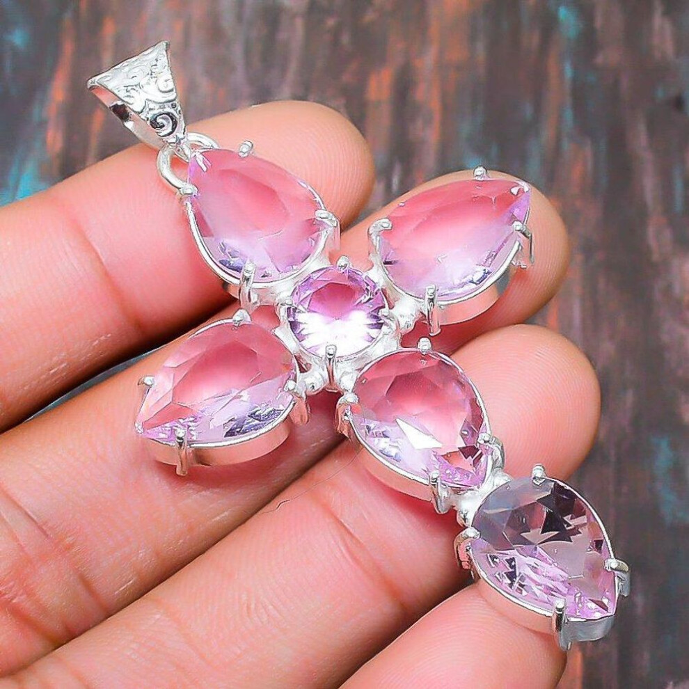 (pink, 2.48 Inches) Cross Pink Kunzite Gemstone Handmade 925 Sterling Silver Pendant Jewelry For Christmas Day Gift