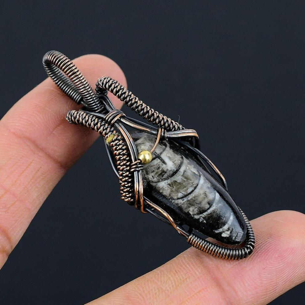 (black, 2.48 Inches) Orthoceras Fossil Gemstone Pure Copper Wire Wrapped Handmade Pendant Jewelry