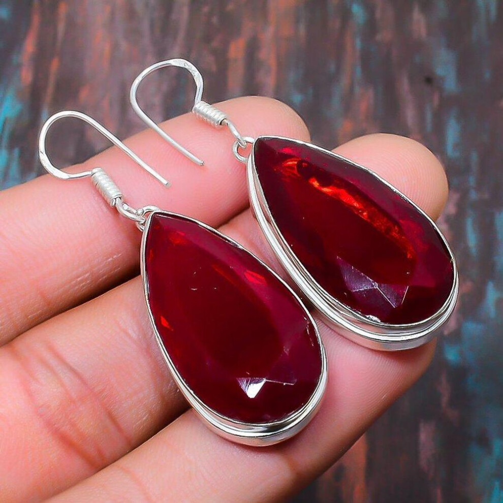 (red, 2.05 Inches) Mozambique Garnet Gemstone 925 Sterling Silver Handmade Women Jewelry Earring