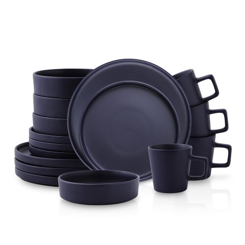 Stone Lain cleo Stoneware 16-Piece Dinnerware Set, Dark Blue