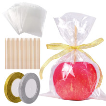 122 PCS Candy Kit Apple Supplies 60 PCS Candy Sac Apple 60 PCS Bamboo Apple Bamboo avec un ruban de paillettes en or et brillant pour les anniver
