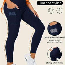 (Navy Blue, 12/14) Seamless High-Waist Leggings With Pockets - Super Stretchy Blend