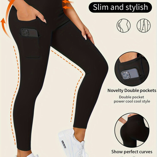 (Black, 10) Seamless High-Waist Leggings With Pockets - Super Stretchy Blend