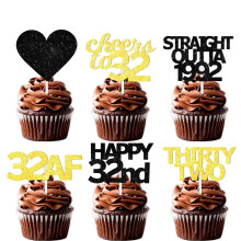 18 stuks Zwart Goud Glitter Dessert Cupcake Pick voor Straight Outta 1992 Cheer to 32 Years Old Theme Decor Supplies Happy 32nd Birthday Party Decora