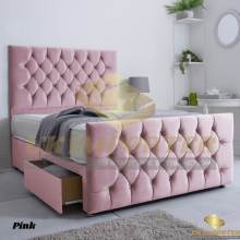 (King (without Drawer), Pink Plush (with Mattress)) PLUSH DIVAN BED SET WITH MATTRESS 54" CHESTERFIELD HEADBOARD&FOOTBOARD ALL SIZES