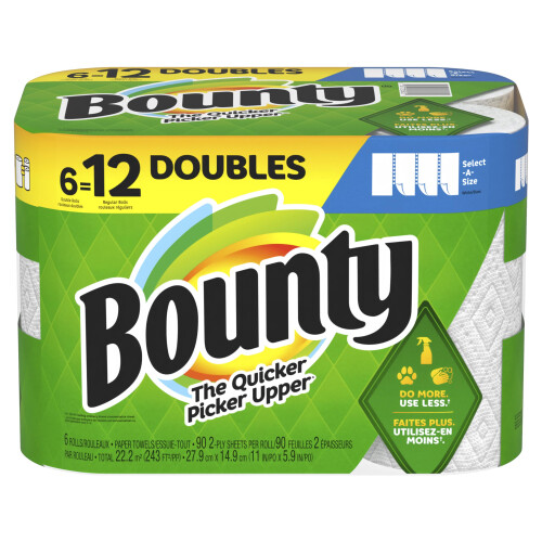 Bounty Επιλογή Μεγέθους Χαρτοπετσέτες, 6 Διπλές Ρολές, Λευκές, 90 Φύλλα Ανά Ρολό