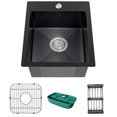 Cuba de Cozinha Preta, Inox Topmount 15x17x9 Polegadas, Cuba Única Drop In com Acessórios