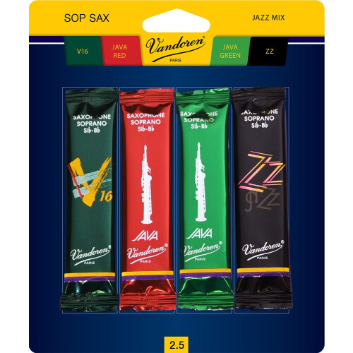 Vandoren Srmixs25 Soprano Sax Jazz Reed Mix Card inclui 1 cada ZZ V16 Java Green e Java Red Strength 2.5 1