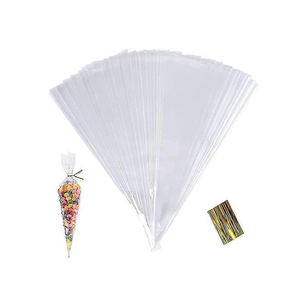 100pcs Clear Cone Bags, Sweets Cellophane Treat Bags, 25x13cm Plastic Candy Triangle Bags with Twist Ties for Food