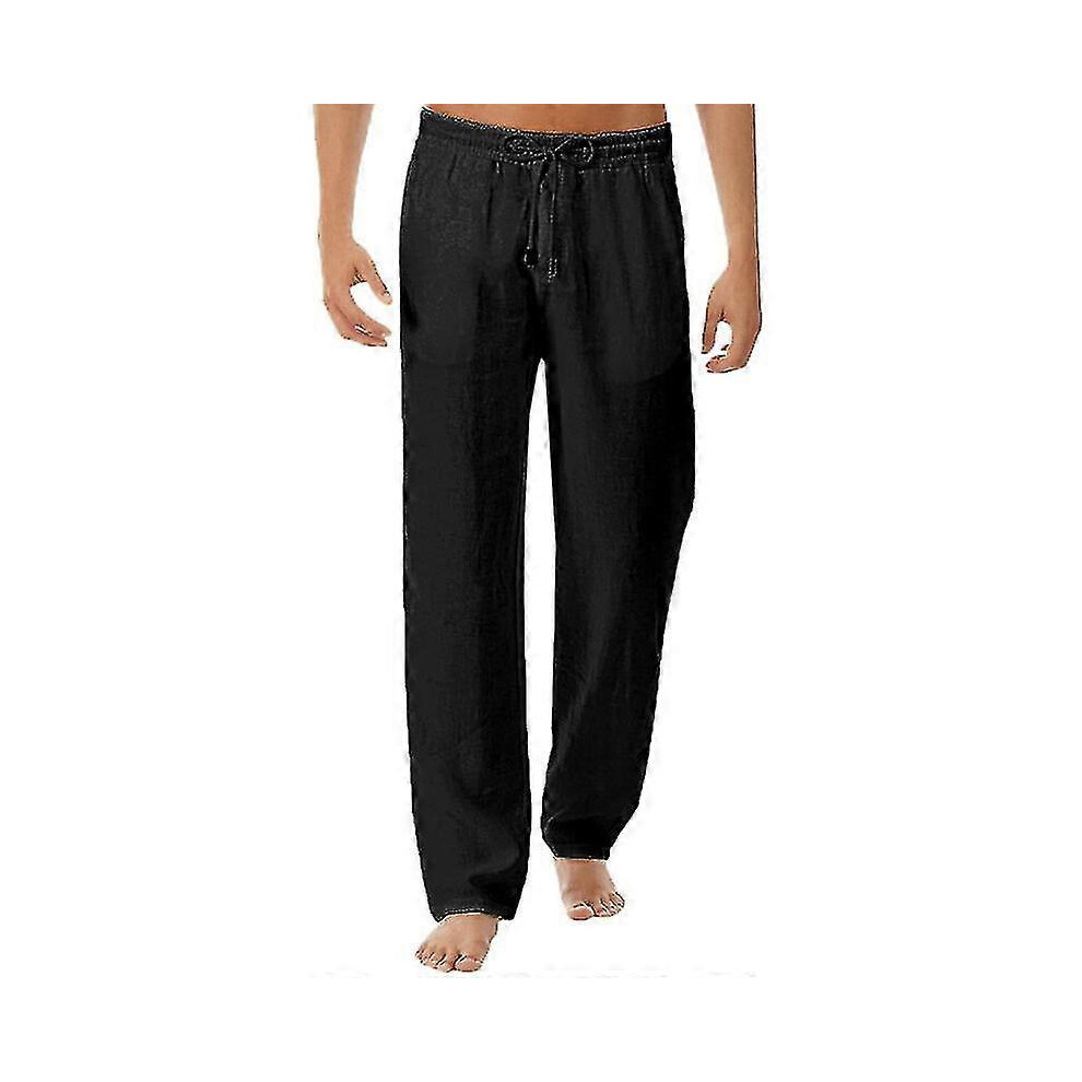 (M) Men Elasticated Waist Cotton Linen Trousers Casual Beach Straight Leg Comfy Long Pants