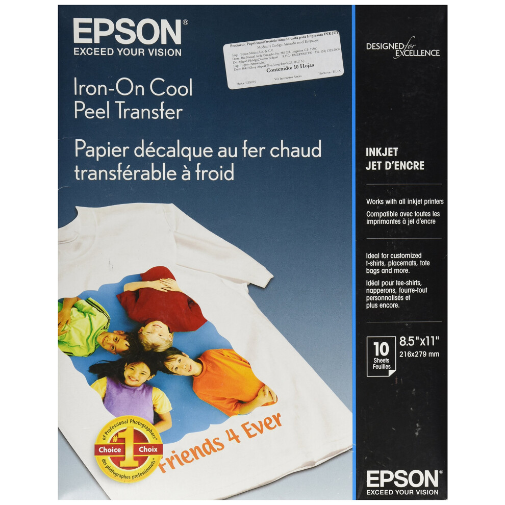 Epson Ironon Cool Peel Transfer 85x11 Inches  10 Sheets S041153 White