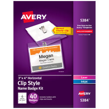 Avery Customizable Name Badges with Clips  3"" x 4""  Clear Name Tag H