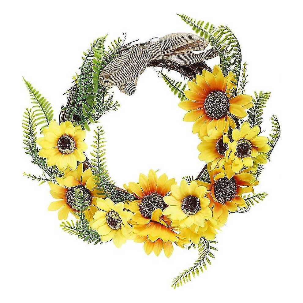 Artificial Sunflower Wreath 30cm/12 Inch Wall Hanging Spring Floral Wreath Front Door Fake Garland with Green Leaves And Rattan