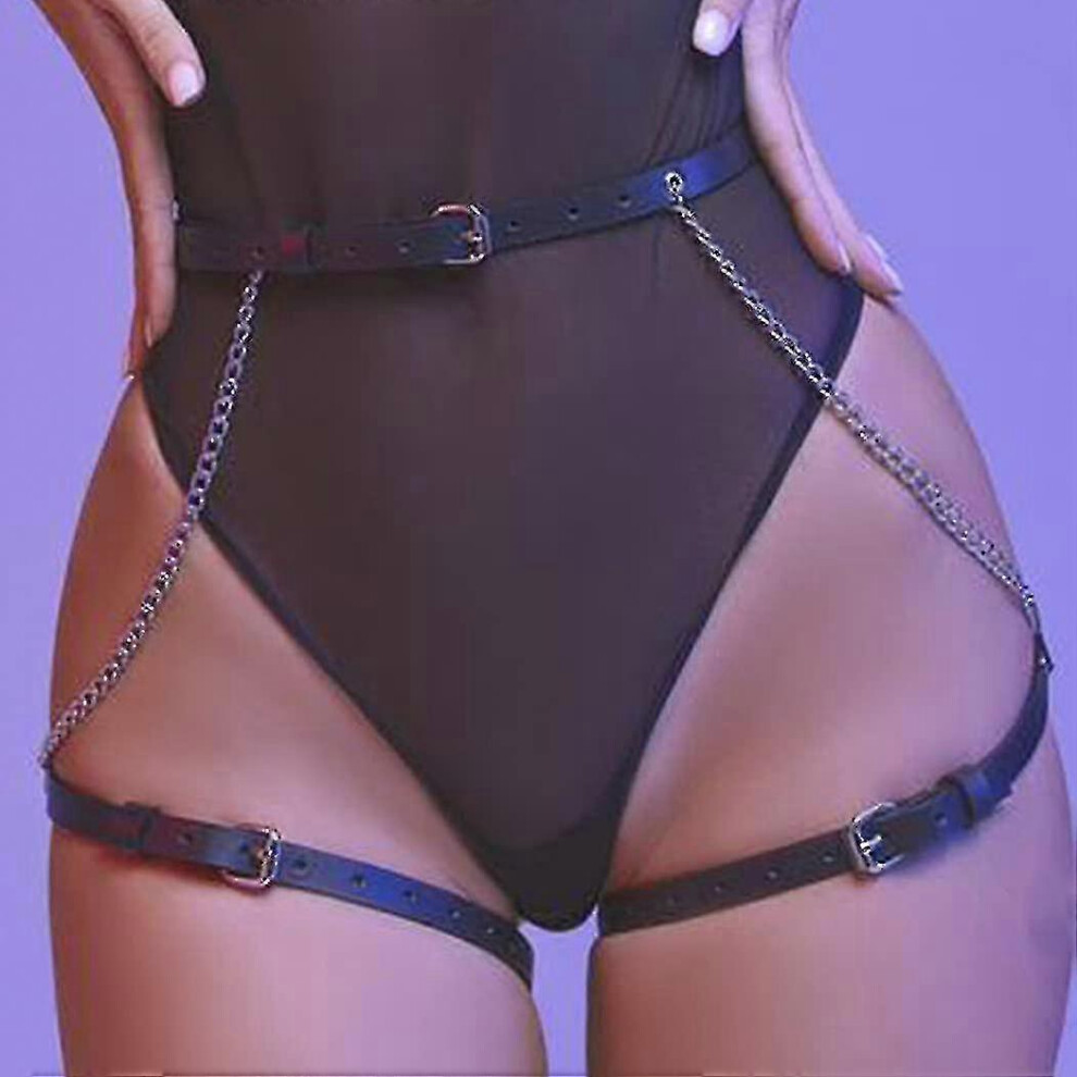 Punk Leather Waist Chain Black Metal Thigh Chain Adjustale Belly Belt Strappy Leg Chain for Women And Girls
