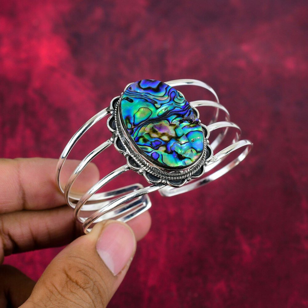 (blue, Adjustable) Abalone Shell Bangle 925 Solid Sterling Silver Jewelry, Handmade Gemstone Bangle Jewelry, For Wedding Gift