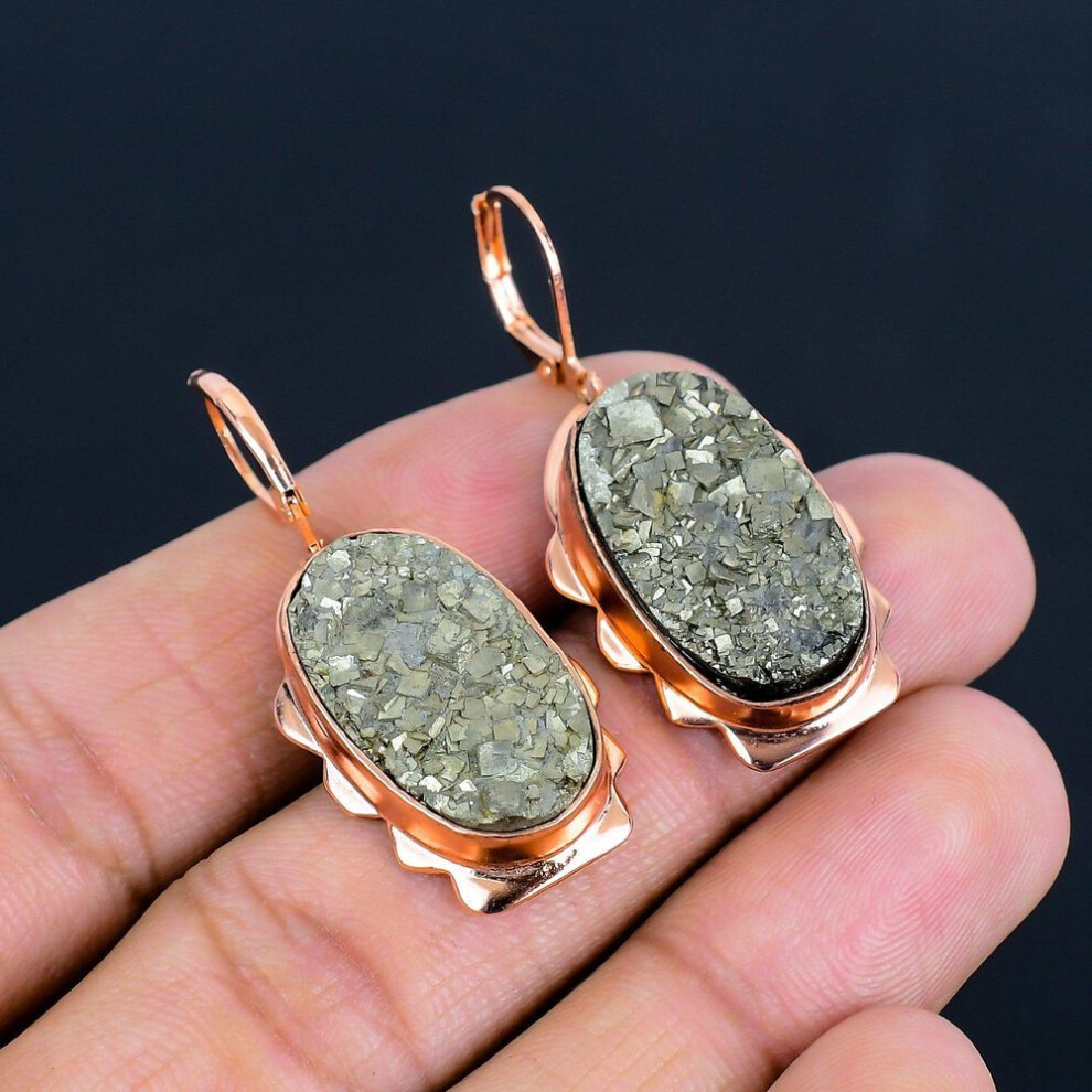 (green, 1.69 inches) Pyrite Druzy Gemstone Handmade Copper Jewelry Amazing Earring For Her