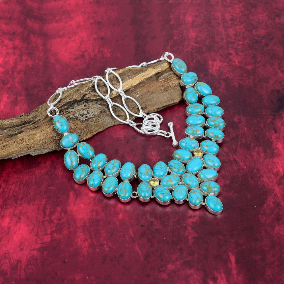 (blue, Adjustable With 18 Inches) Blue Copper Turquoise Handmade Gemstone Necklace, 925 Solid Sterling Silver Necklace Antique Jewelry, For Engagement Gift