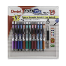 Pentel EnerGel RTX einziehbarer Stift mit Metallspitze, 0,7 mm, 12 verschiedene Farben mit 2 Ersatzminen (BL77F14C)