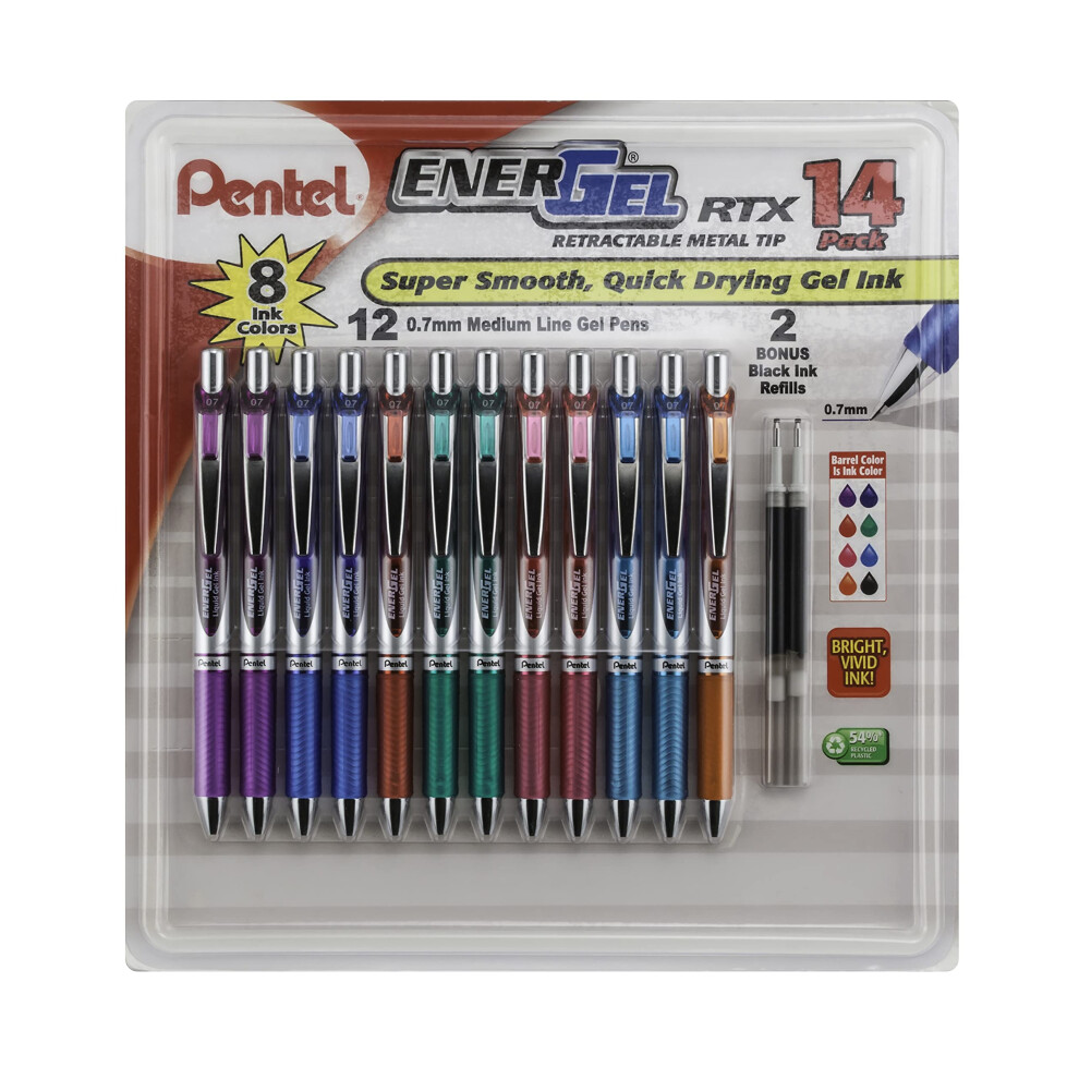 Pentel Energel Rtx Retractable Metal Tip Pen 0.7Mm 12 Assorted Colors With 2 Refills (Bl77f14c)