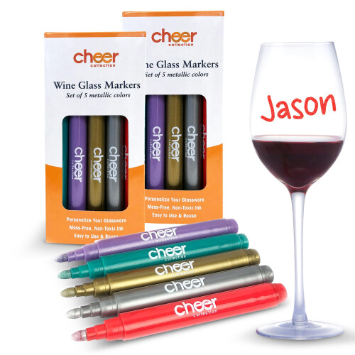 Cheer Collection Metallic Wine Glass Markers  Dry Erase Markers  Washable Wine Glass Marker Pens  Quick Dry Markers for Glasses  Ceramics  &