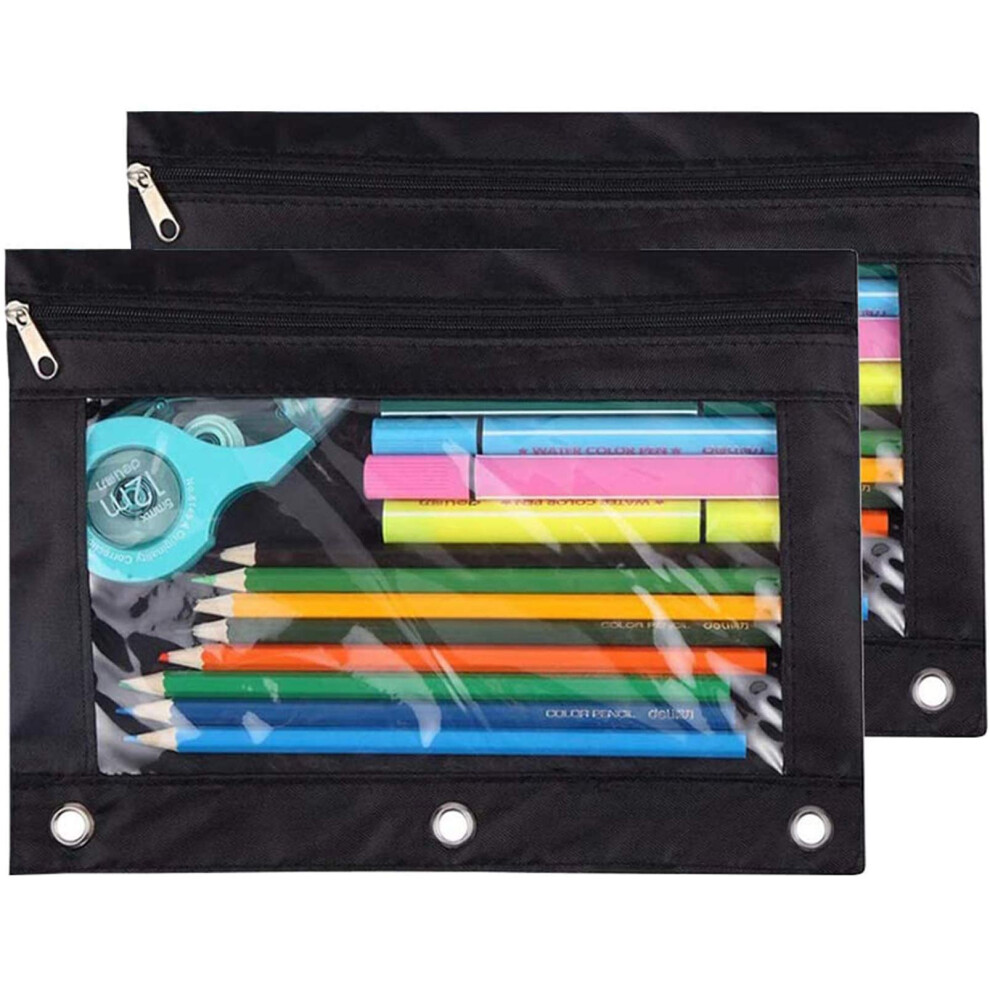 Topwoozu Pencil Pouch 3 Anelli, Con Cerniera, Confezione Da 2 Pezzi, Colore Nero, Nero, Astuccio