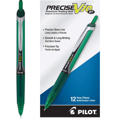 Pilot Pilot, Precise V10 RT Ανα refillable & Retractable Μπάλες Στυλό, Bold Point 1 mm, Πράσινο, Πακέτο 12