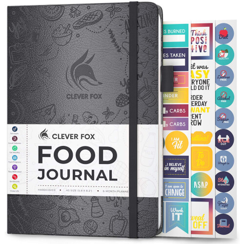 Clever Fox Food Journal - Ημερήσιο Ημερολόγιο Διατροφής, Σχεδιαστής Γευμάτων A5 (Ασημί Μαύρο)