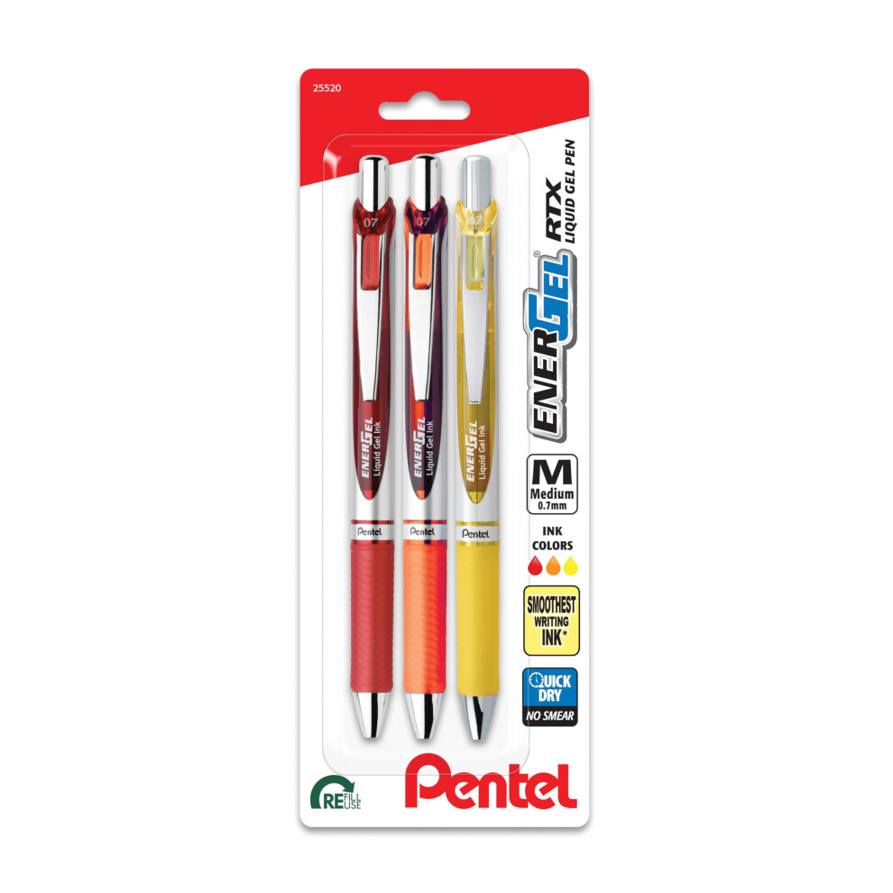 Pentel EnerGel RTX Retractable Liquid Gel Pen  Happiness Hue  0.7mm  Red  Orange and Yellow ink  Pack of 3 Pens BL77HAPBP3M