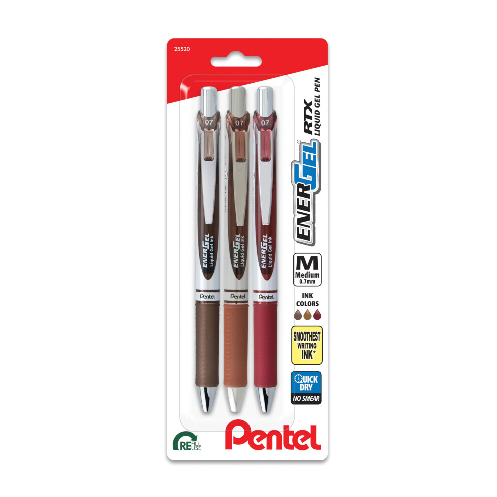 Pentel EnerGel RTX Retractable Liquid Gel Pen  Change Hue  0.7mm  Sepia  Brown and Burgundy Ink  Pack of 3 Pens BL77CHABP3M