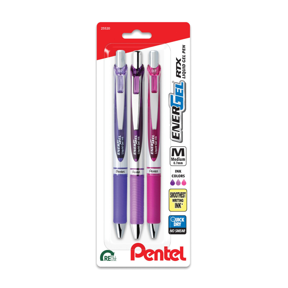 Pentel EnerGel RTX Retractable Liquid Gel Pen  Passion Hue  0.7mm  Assorted Violet Ink Pack of 3 Pens BL77PASBP3M