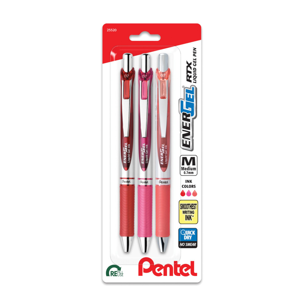Pentel EnerGel RTX Retractable Liquid Gel Pen  0.7mm  Journaling Hue  Red  Pink and Coral Ink  Pack of 3 Pens BL77RBJBP3M