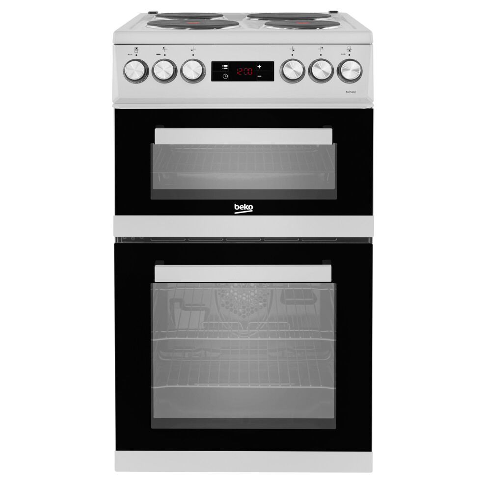 Beko KDV555AS 50cm Double Electric Cooker: 58L Main Oven, Separate Grill, 4-Zone Hob, Easy-Clean Enamel