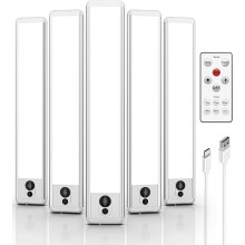 (5 Pack, Cool White) Cabinet Kitchen Lights, 5 Pack of 5300K Dimmable Wireless Motion Sensor Lights Indoor with Remote Control, 23 cm USB-C Rechargeable LED Night Lights