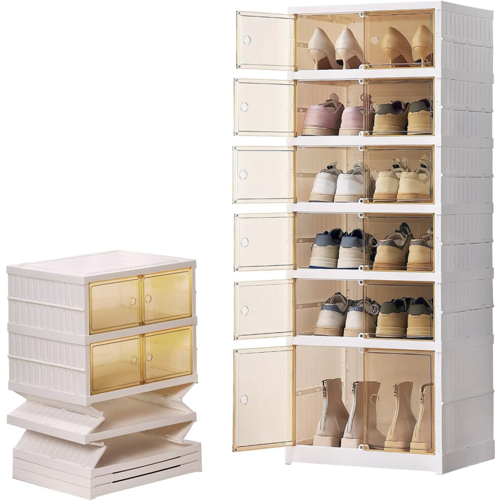 (12pcs) Shoe Storage Cabinet Plastic Shoe Boxe Shoe Racks Storage for Sneaker Boot Container Shoe Rack Cabinet Clear Foldable with Magnetic Door