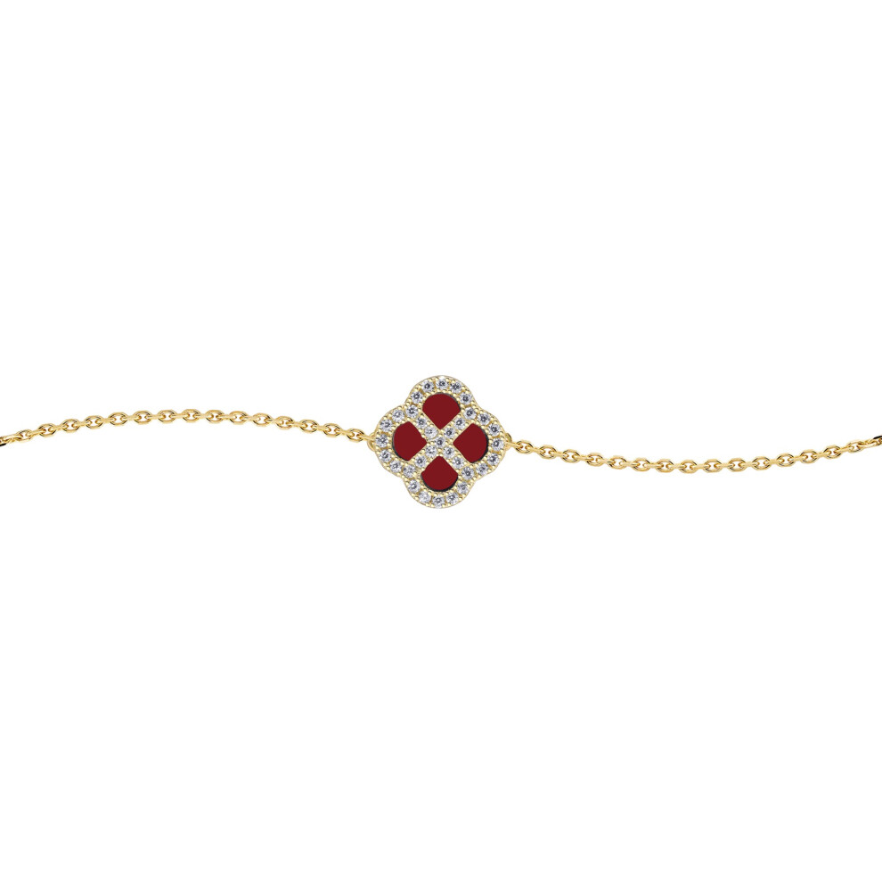 Jewelco London Gold-plated Sterling Silver CZ Red Agate Clover Kiss Lucky Charm Bracelet 6-7.5" - 8-29-2902