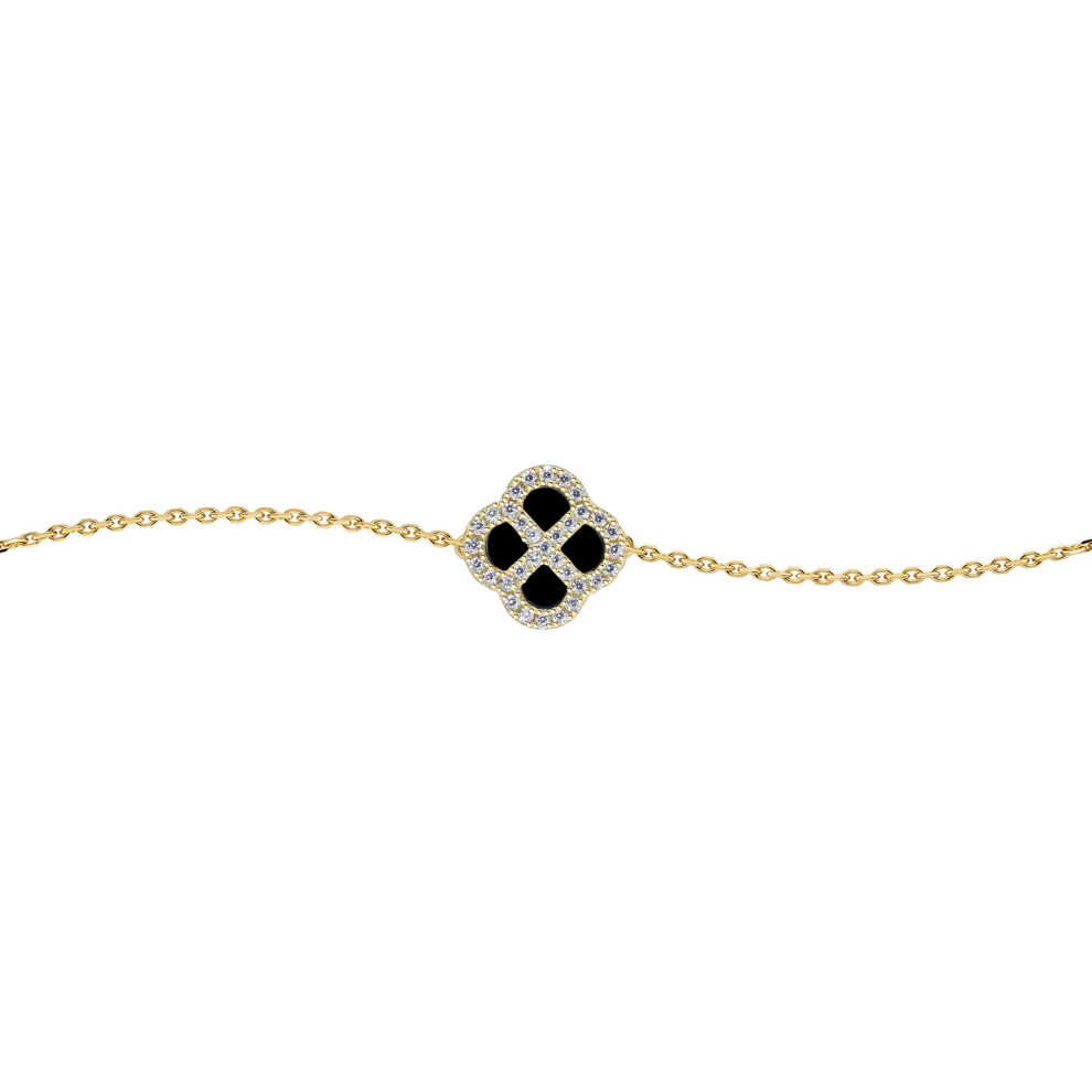 Jewelco London Gold-plated Sterling Silver CZ Black Onyx Clover Kiss Lucky Charm Bracelet 6-7.5" - 8-29-2922