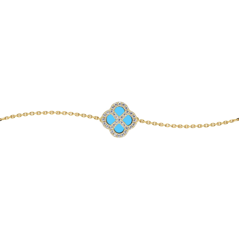 Jewelco London Gold-plated Sterling Silver CZ Turquoise Clover Kiss Lucky Charm Bracelet 6-7.5" - 8-29-2892