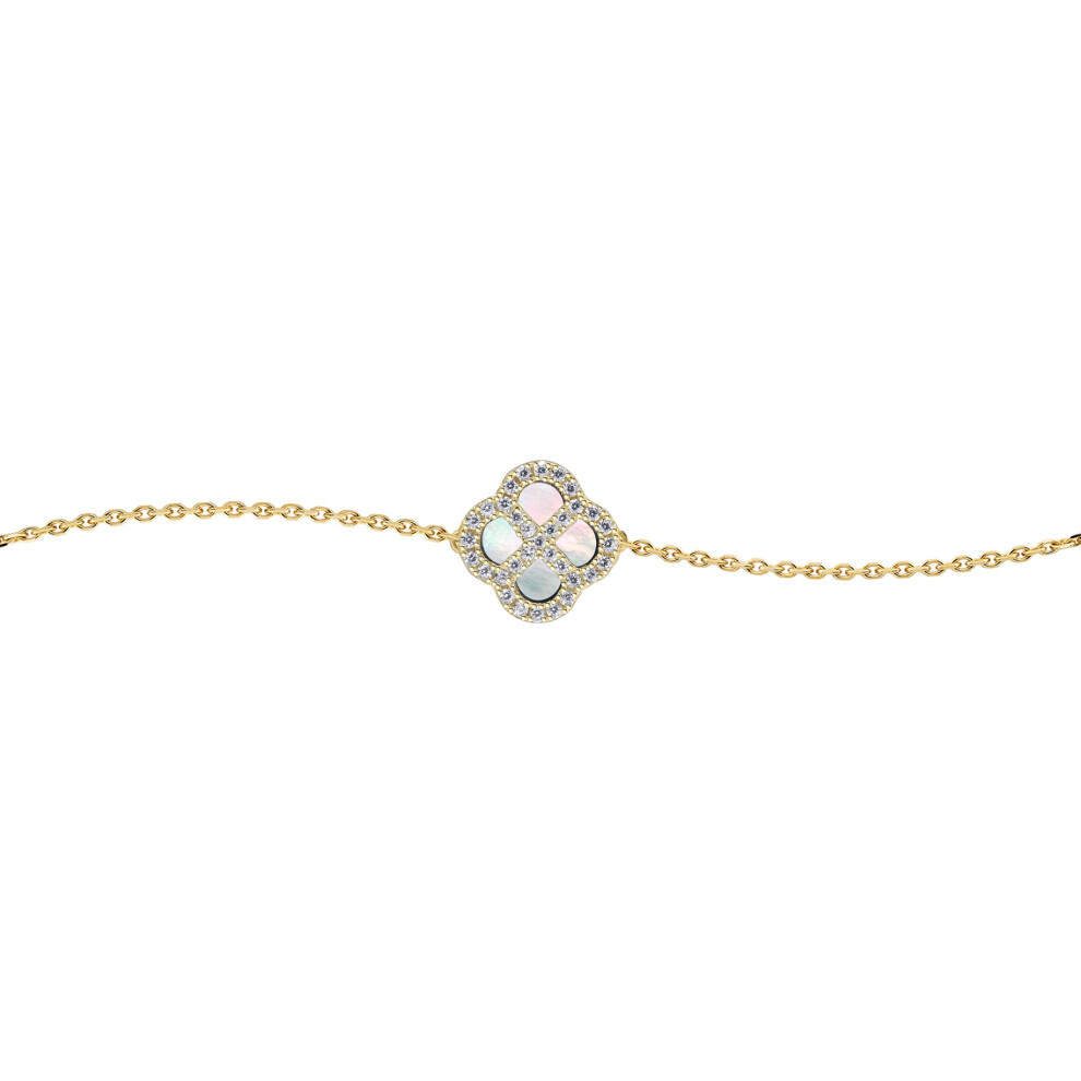 Jewelco London Gold-plated Sterling Silver CZ Mother of Pearl Clover Kiss Lucky Charm Bracelet 6-7.5" - 8-29-2872