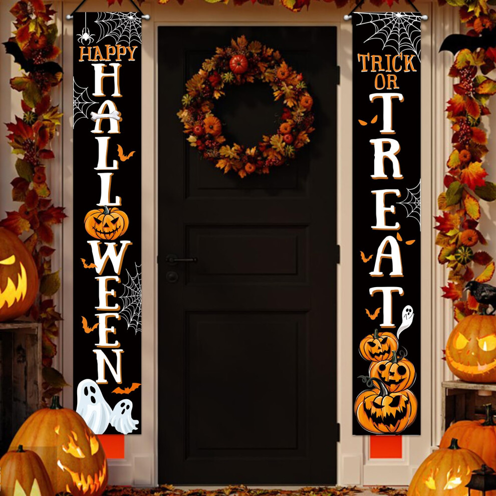 Banner Decorativo Per Porta D'ingresso Con Scritta ""Happy Halloween Trick Or Treat"" Di Deroro, Motivo: Jack O Lantern, Zucca, Benvenuto, Appeso, Fla-image
