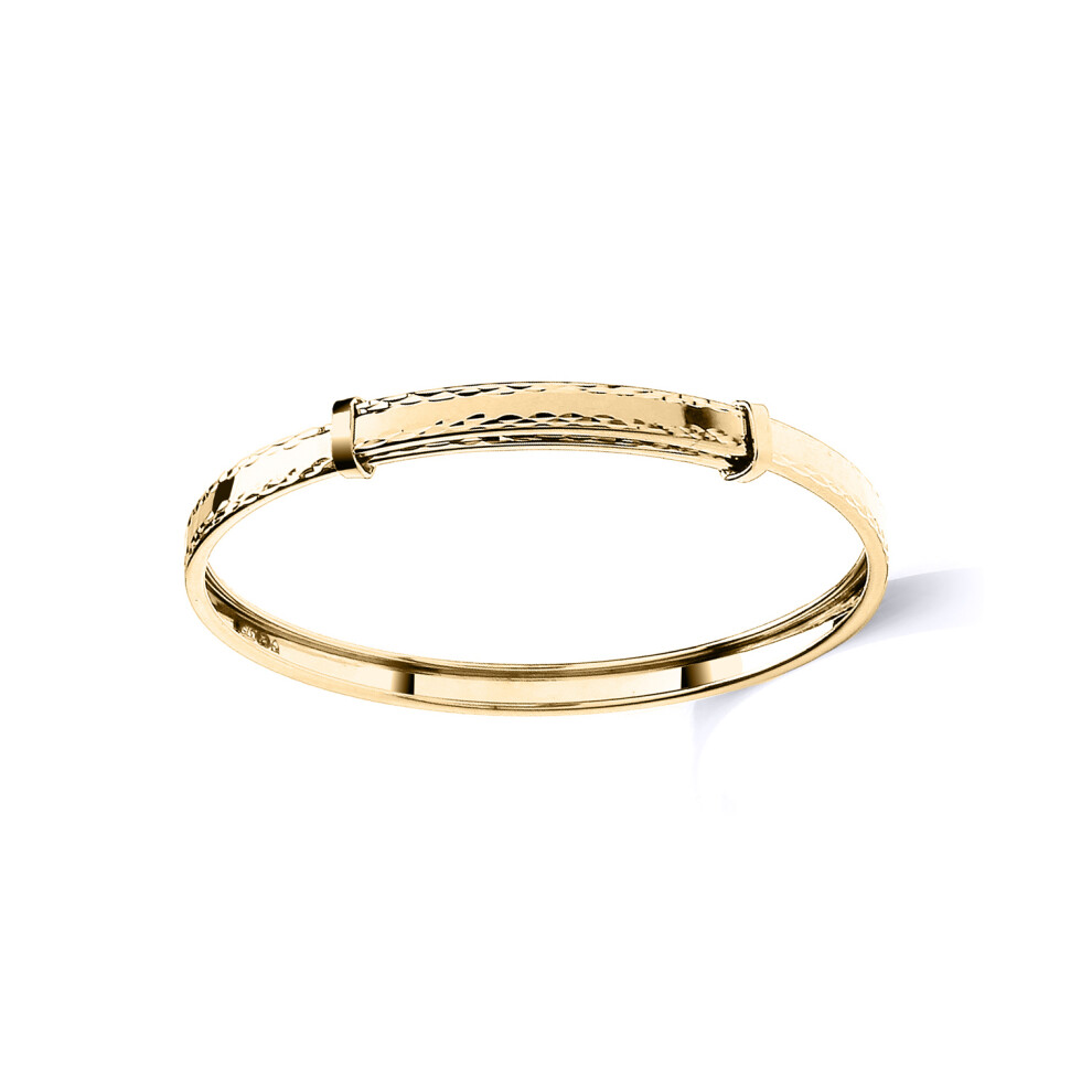 Jewelco London Kids Solid 9ct Yellow Gold Diamond-cut Edge Polished Channel Expandable 3mm Baby Bangle Bracelet - JKB109A